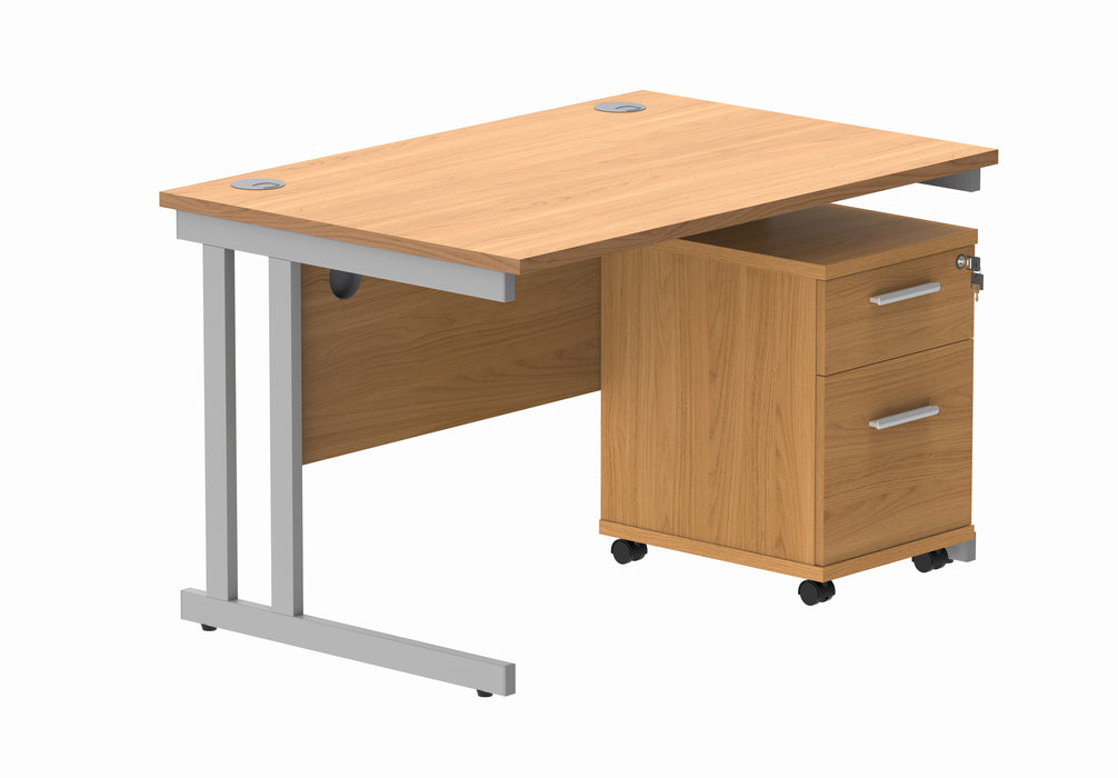 Double Upright Rectangular Desk + 2 Drawer Mobile Under Desk Pedestal | 1200X800 | Norwegian Beech/Silver