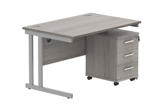 Double Upright Rectangular Desk + 3 Drawer Mobile Under Desk Pedestal | 1200X800 | Alaskan Grey Oak/Silver