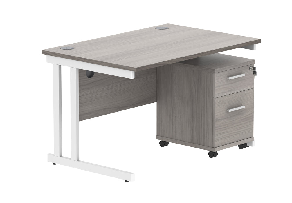 Double Upright Rectangular Desk + 2 Drawer Mobile Under Desk Pedestal | 1200X800 | Alaskan Grey Oak/White