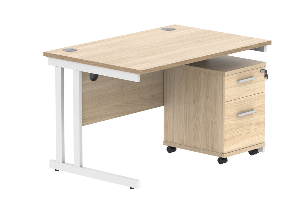 Double Upright Rectangular Desk + 2 Drawer Mobile Under Desk Pedestal | 1200X800 | Canadian Oak/White