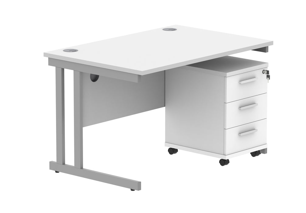 Double Upright Rectangular Desk + 2 Drawer Mobile Under Desk Pedestal | 1200X800 | Arctic White/Silver
