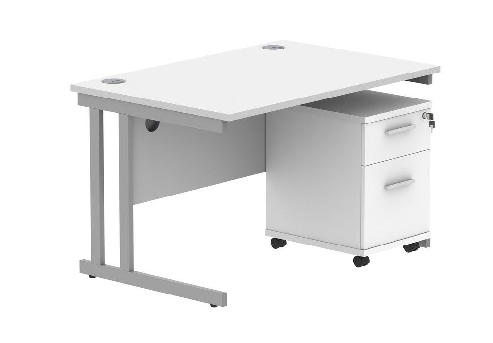 Double Upright Rectangular Desk + 3 Drawer Mobile Under Desk Pedestal | 1200X800 | Arctic White/Silver