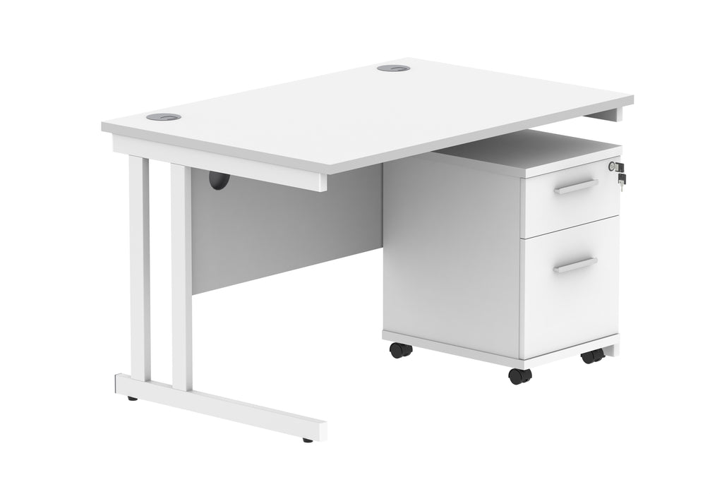 Double Upright Rectangular Desk + 2 Drawer Mobile Under Desk Pedestal | 1200X800 | Arctic White/White