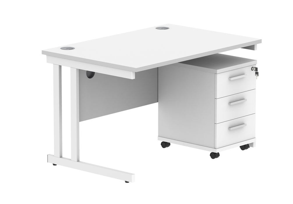 Double Upright Rectangular Desk + 3 Drawer Mobile Under Desk Pedestal | 1200X800 | Arctic White/White