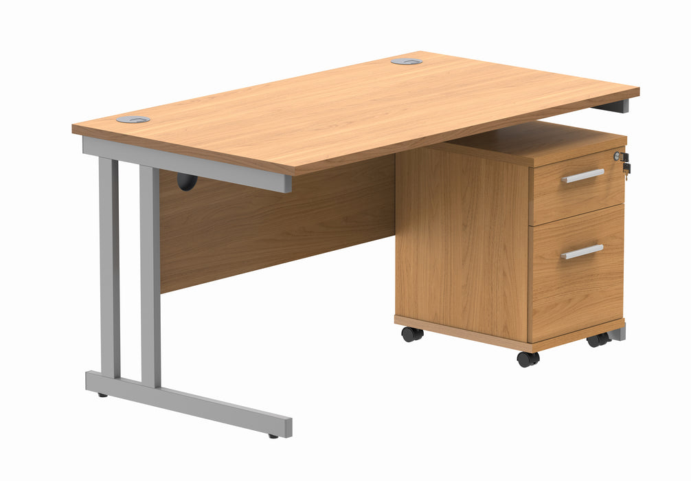 Double Upright Rectangular Desk + 2 Drawer Mobile Under Desk Pedestal | 1400X800 | Norwegian Beech/Silver
