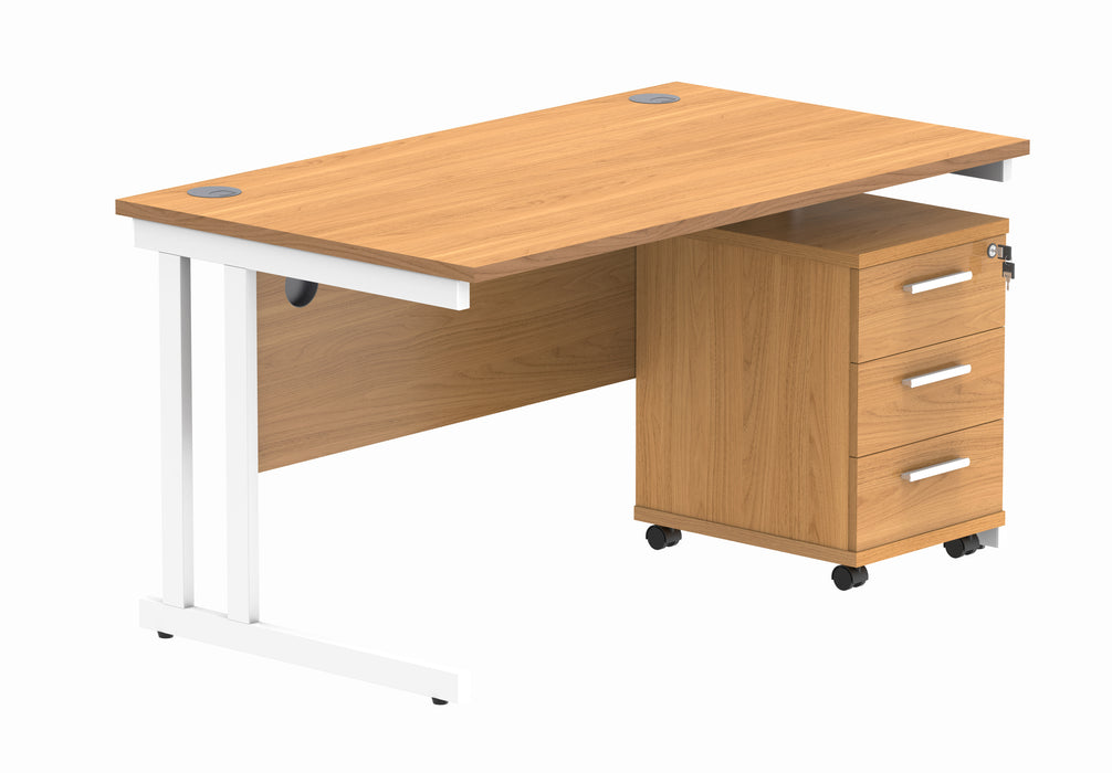 Double Upright Rectangular Desk + 3 Drawer Mobile Under Desk Pedestal | 1400X800 | Norwegian Beech/White