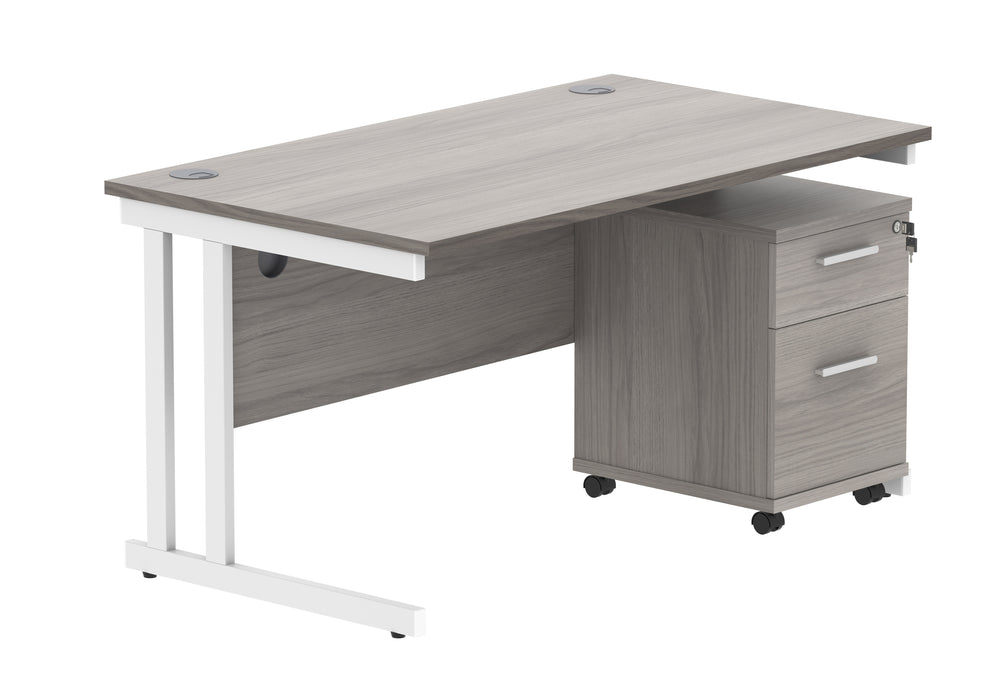Double Upright Rectangular Desk + 2 Drawer Mobile Under Desk Pedestal | 1400X800 | Alaskan Grey Oak/White
