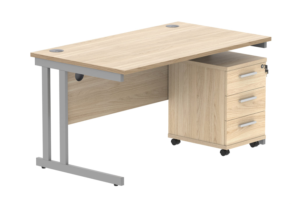 Double Upright Rectangular Desk + 3 Drawer Mobile Under Desk Pedestal | 1400X800 | Canadian Oak/Silver