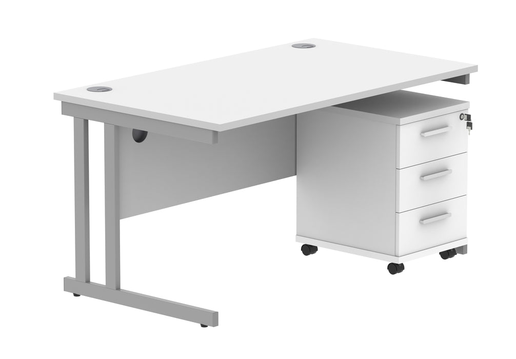 Double Upright Rectangular Desk + 3 Drawer Mobile Under Desk Pedestal | 1400X800 | Arctic White/Silver