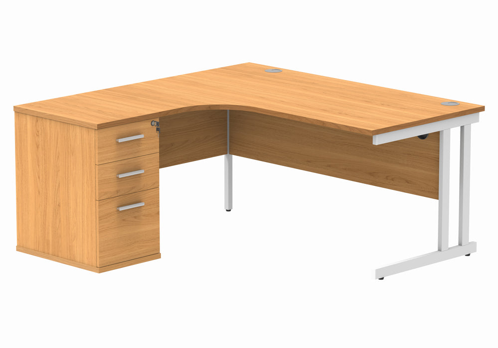 Double Upright Left Hand Radial Desk + Desk High Pedestal | 1600X1200 | Norwegian Beech/White