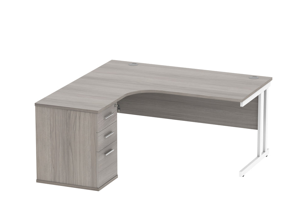 Double Upright Left Hand Radial Desk + Desk High Pedestal | 1600X1200 | Alaskan Grey Oak/White
