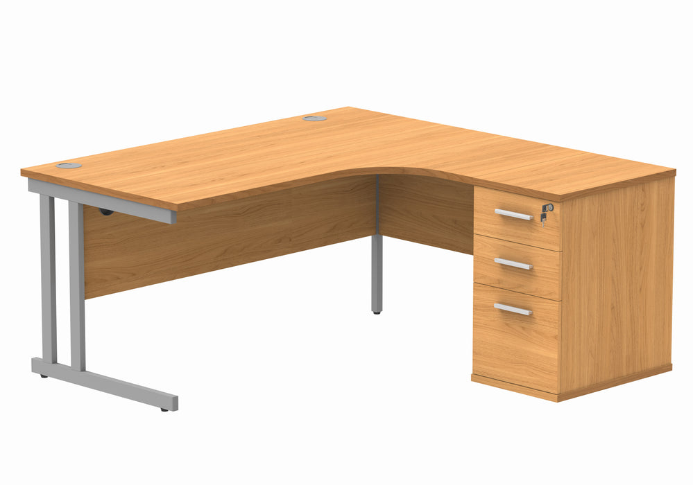 Double Upright Right Hand Radial Desk + Desk High Pedestal | 1600X1200 | Norwegian Beech/Silver