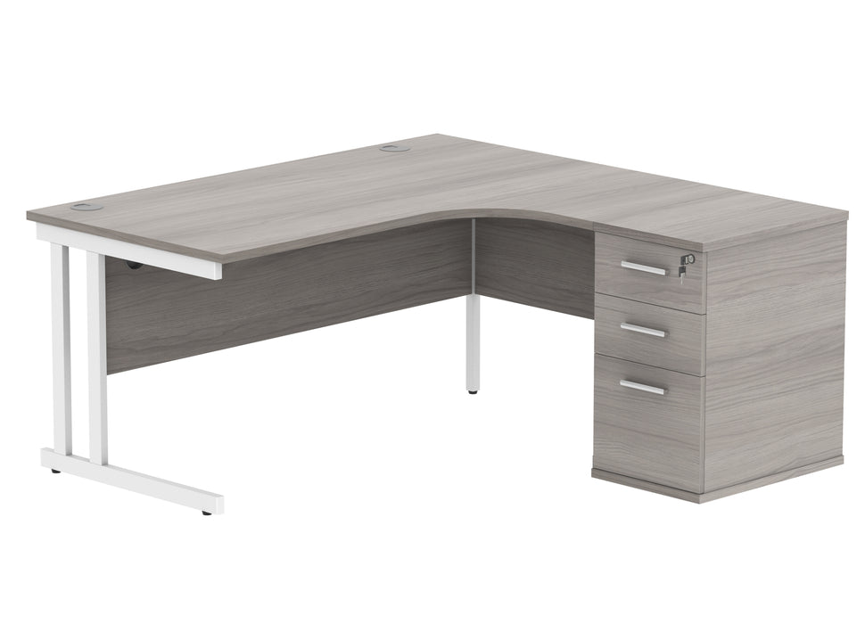 Double Upright Right Hand Radial Desk + Desk High Pedestal | 1600X1200 | Alaskan Grey Oak/White