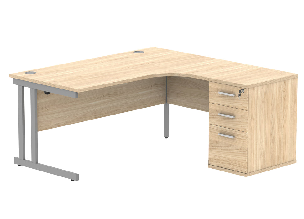 Double Upright Right Hand Radial Desk + Desk High Pedestal | 1600X1200 | Canadian Oak/Silver