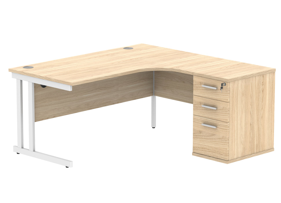 Double Upright Right Hand Radial Desk + Desk High Pedestal | 1600X1200 | Canadian Oak/White