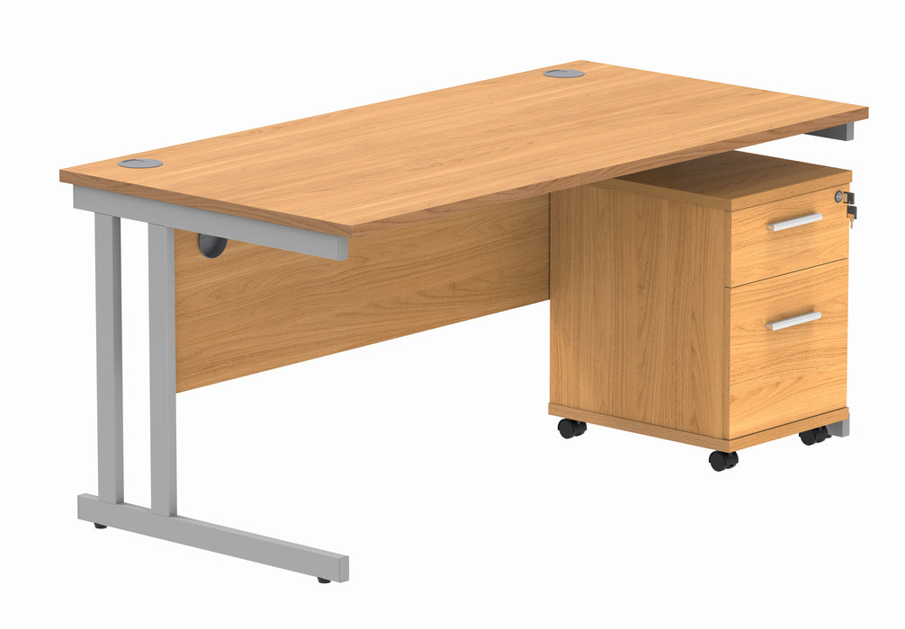 Double Upright Rectangular Desk + 2 Drawer Mobile Under Desk Pedestal | 1600X800 | Norwegian Beech/Silver