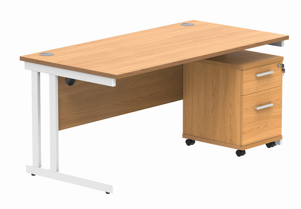 Double Upright Rectangular Desk + 2 Drawer Mobile Under Desk Pedestal | 1600X800 | Norwegian Beech/White