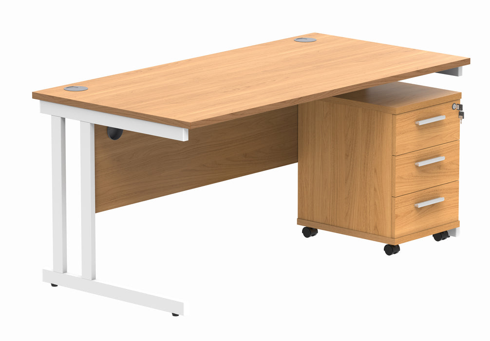 Double Upright Rectangular Desk + 3 Drawer Mobile Under Desk Pedestal | 1600X800 | Norwegian Beech/White