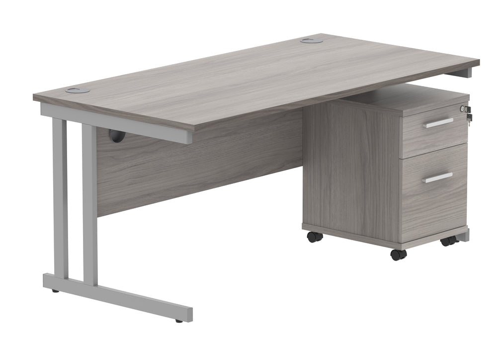 Double Upright Rectangular Desk + 2 Drawer Mobile Under Desk Pedestal | 1600X800 | Alaskan Grey Oak/Silver