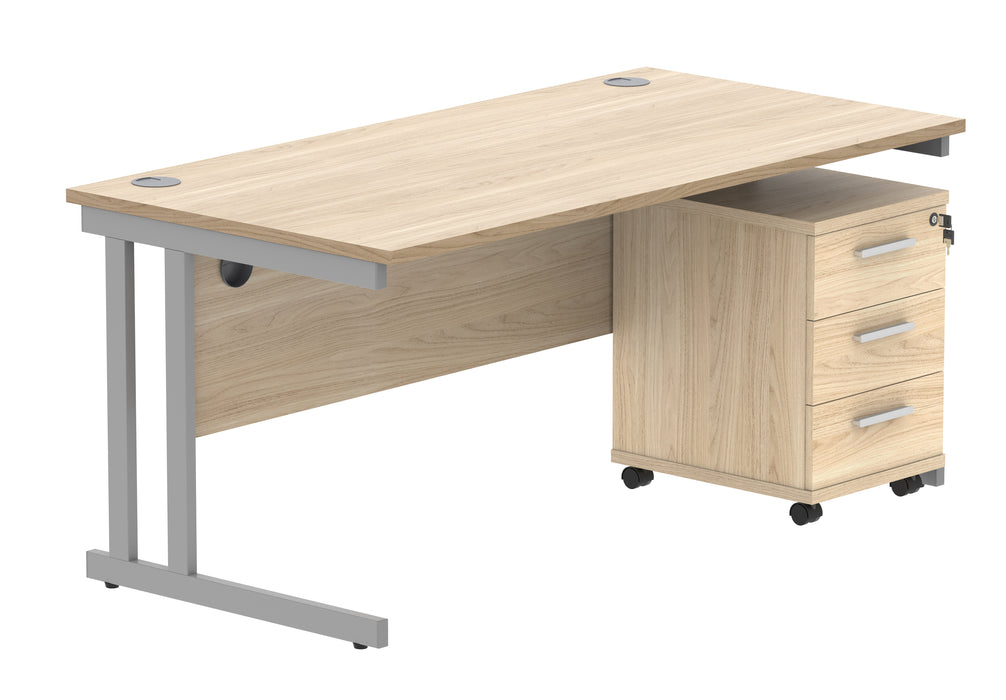 Double Upright Rectangular Desk + 3 Drawer Mobile Under Desk Pedestal | 1600X800 | Canadian Oak/Silver