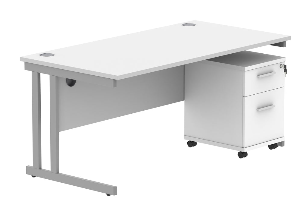 Double Upright Rectangular Desk + 2 Drawer Mobile Under Desk Pedestal | 1600X800 | Arctic White/Silver