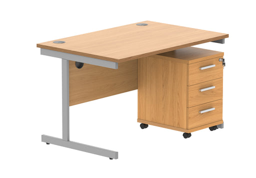 Single Upright Rectangular Desk + 2 Drawer Mobile Under Desk Pedestal | 1200X800 | Norwegian Beech/Silver
