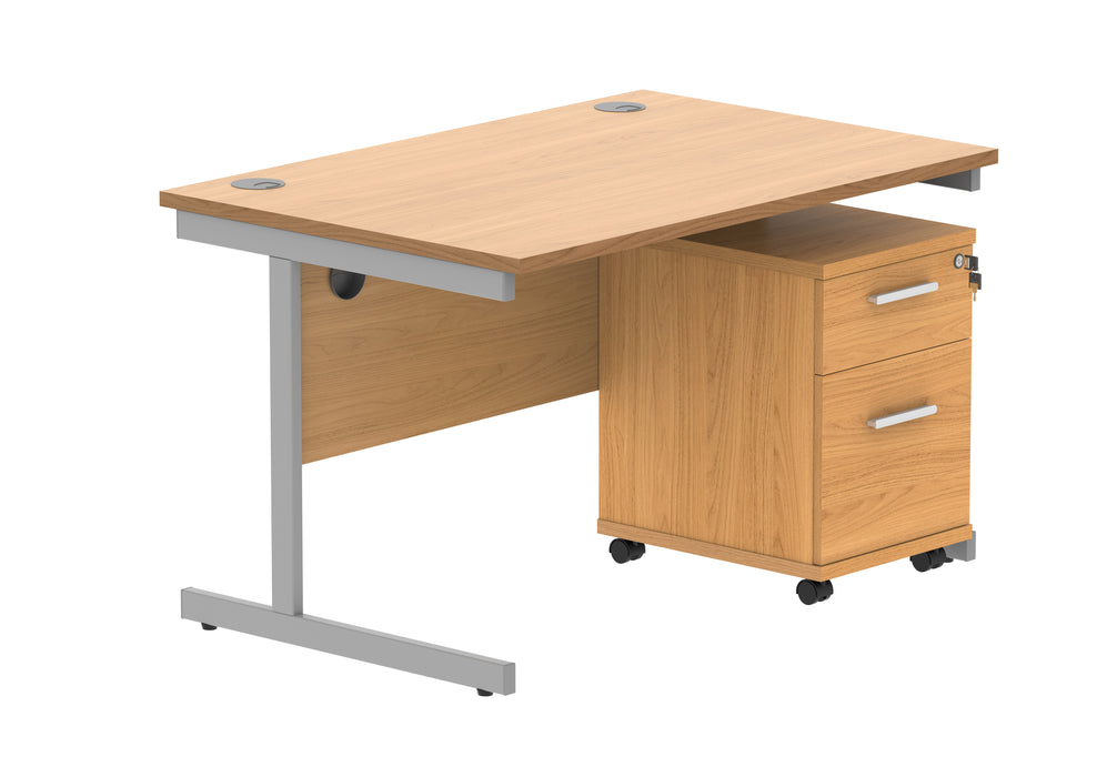 Single Upright Rectangular Desk + 3 Drawer Mobile Under Desk Pedestal | 1200X800 | Norwegian Beech/Silver