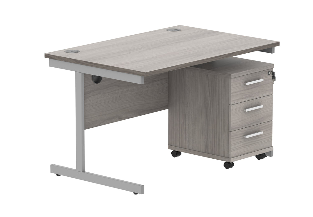 Single Upright Rectangular Desk + 3 Drawer Mobile Under Desk Pedestal | 1200X800 | Alaskan Grey Oak/Silver