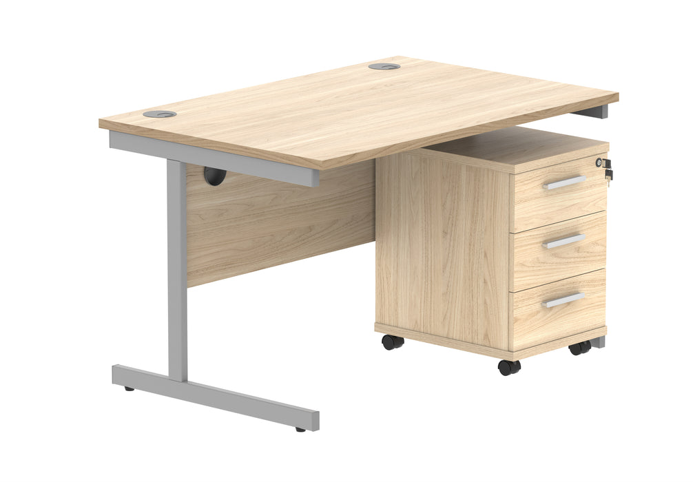 Single Upright Rectangular Desk + 3 Drawer Mobile Under Desk Pedestal | 1200X800 | Canadian Oak/Silver
