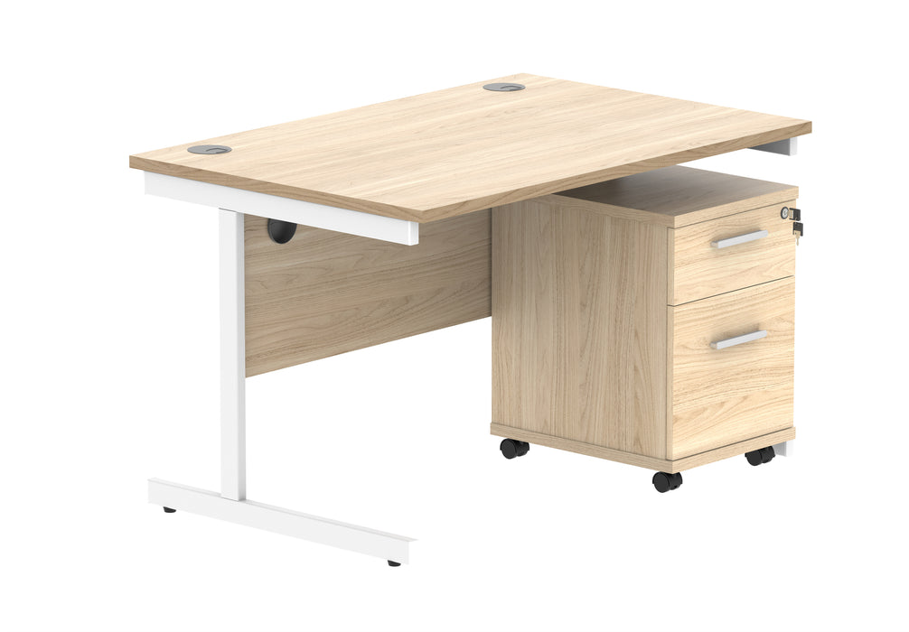 Single Upright Rectangular Desk + 2 Drawer Mobile Under Desk Pedestal | 1200X800 | Canadian Oak/White