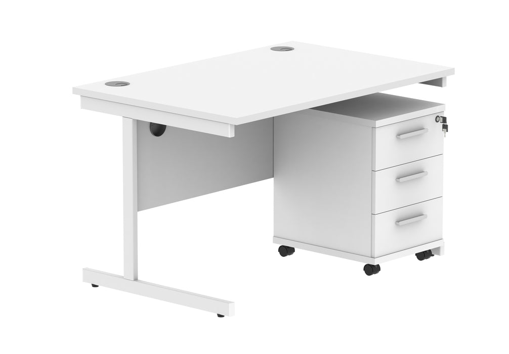 Single Upright Rectangular Desk + 3 Drawer Mobile Under Desk Pedestal | 1200X800 | Arctic White/White