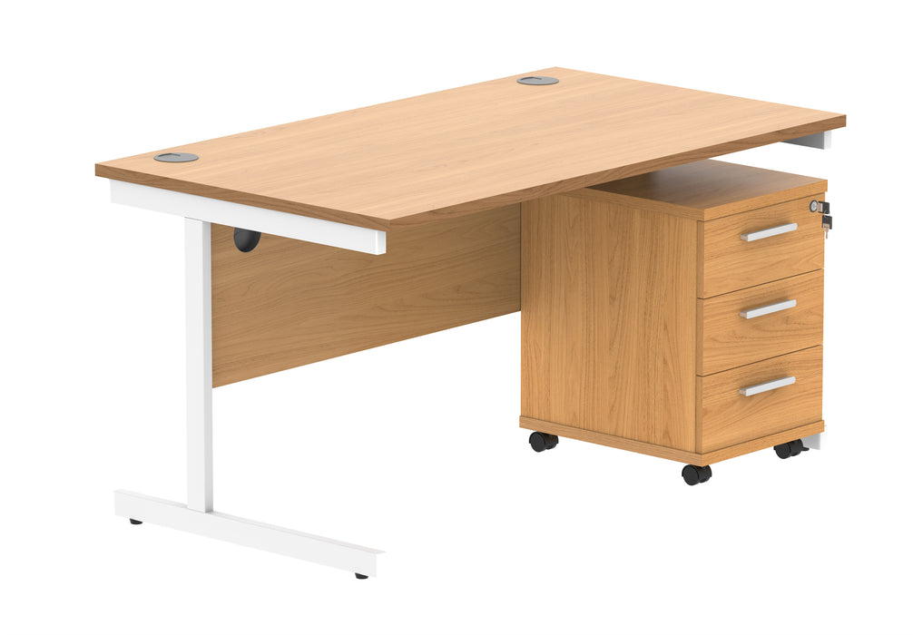 Single Upright Rectangular Desk + 3 Drawer Mobile Under Desk Pedestal | 1400X800 | Norwegian Beech/White