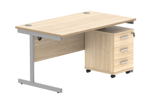 Single Upright Rectangular Desk + 3 Drawer Mobile Under Desk Pedestal | 1400X800 | Canadian Oak/Silver