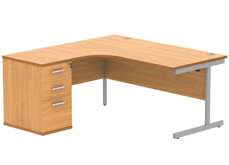 Single Upright Left Hand Radial Desk + Desk High Pedestal | 1600X1200 | Norwegian Beech/Silver