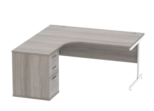Single Upright Left Hand Radial Desk + Desk High Pedestal | 1600X1200 | Alaskan Grey Oak/Silver
