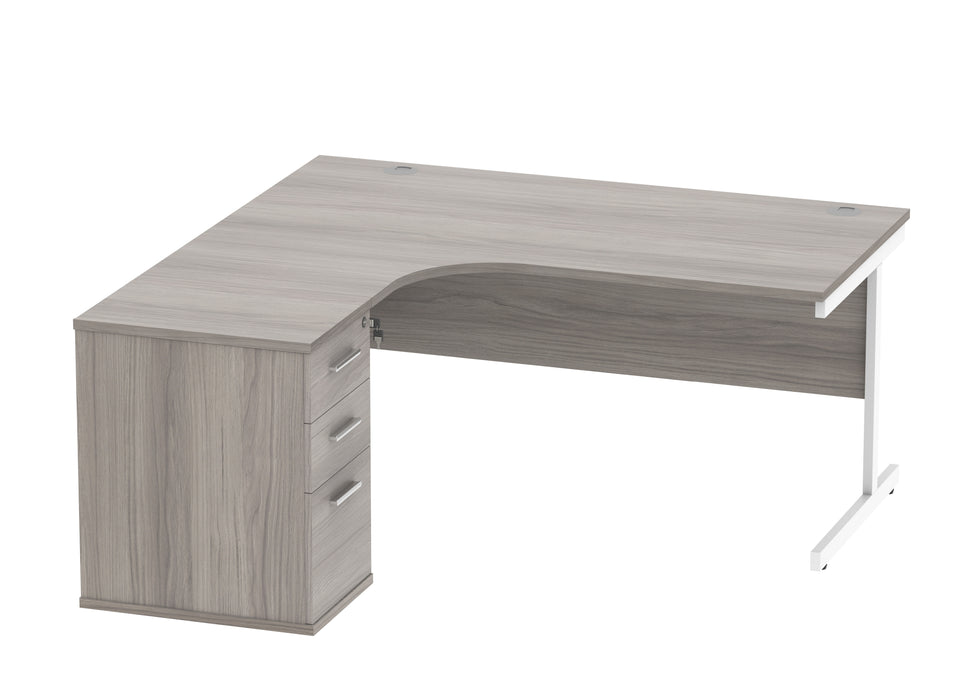 Single Upright Left Hand Radial Desk + Desk High Pedestal | 1600X1200 | Alaskan Grey Oak/White