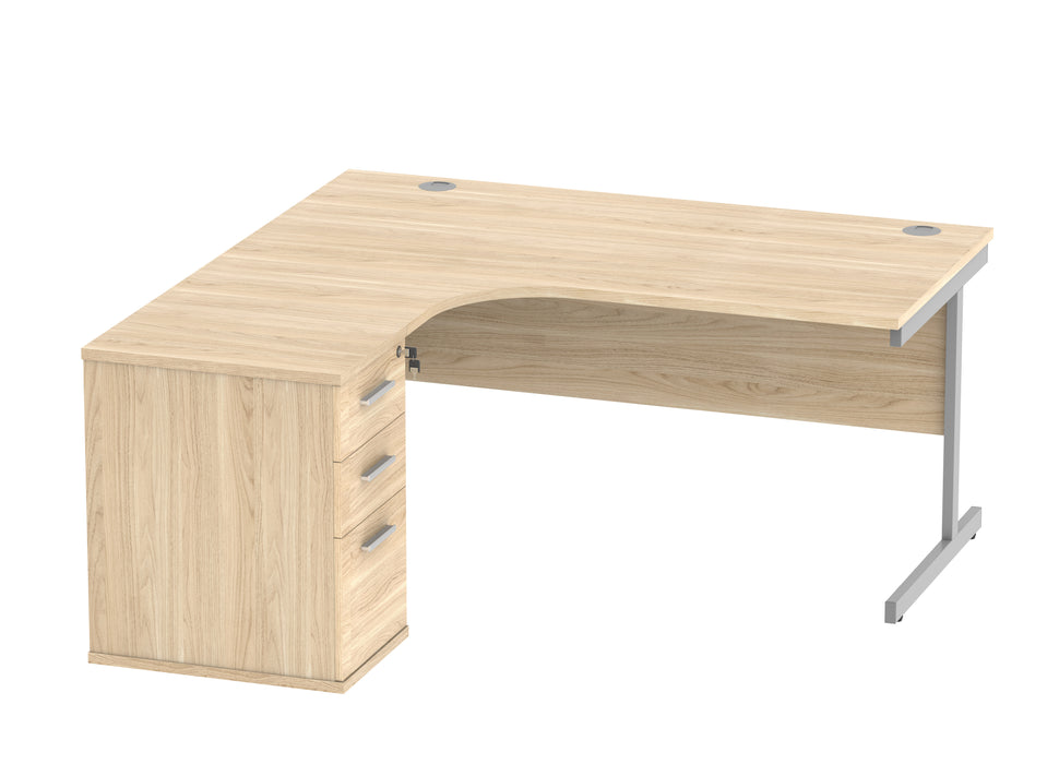 Single Upright Left Hand Radial Desk + Desk High Pedestal | 1600X1200 | Canadian Oak/Silver