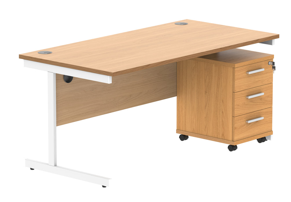 Single Upright Rectangular Desk + 3 Drawer Mobile Under Desk Pedestal | 1600X800 | Norwegian Beech/White
