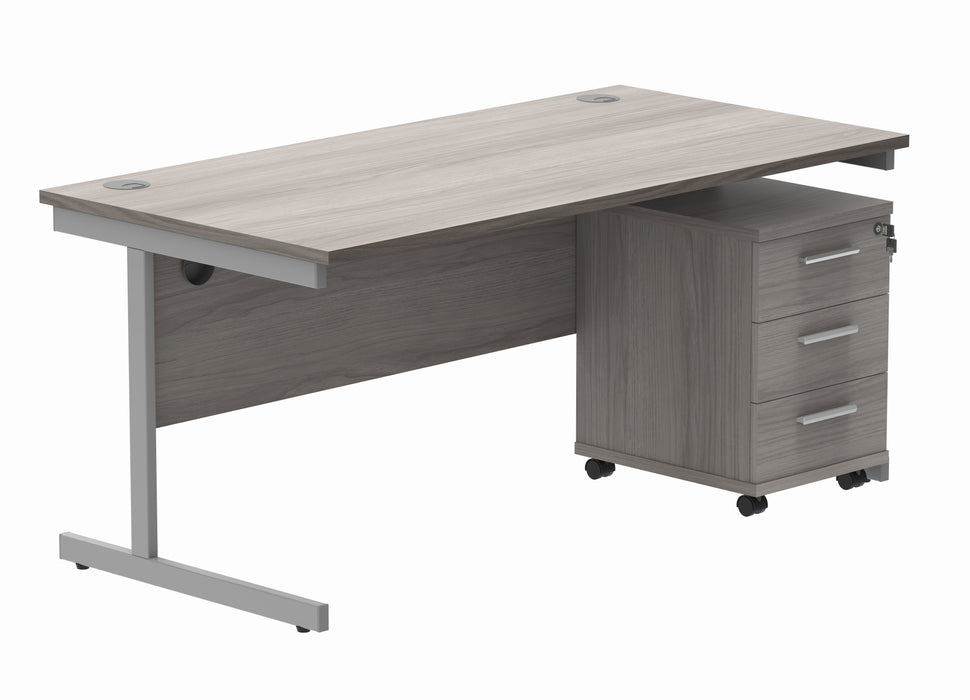 Single Upright Rectangular Desk + 3 Drawer Mobile Under Desk Pedestal | 1600X800 | Alaskan Grey Oak/Silver