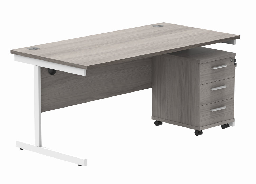 Single Upright Rectangular Desk + 3 Drawer Mobile Under Desk Pedestal | 1600X800 | Alaskan Grey Oak/White