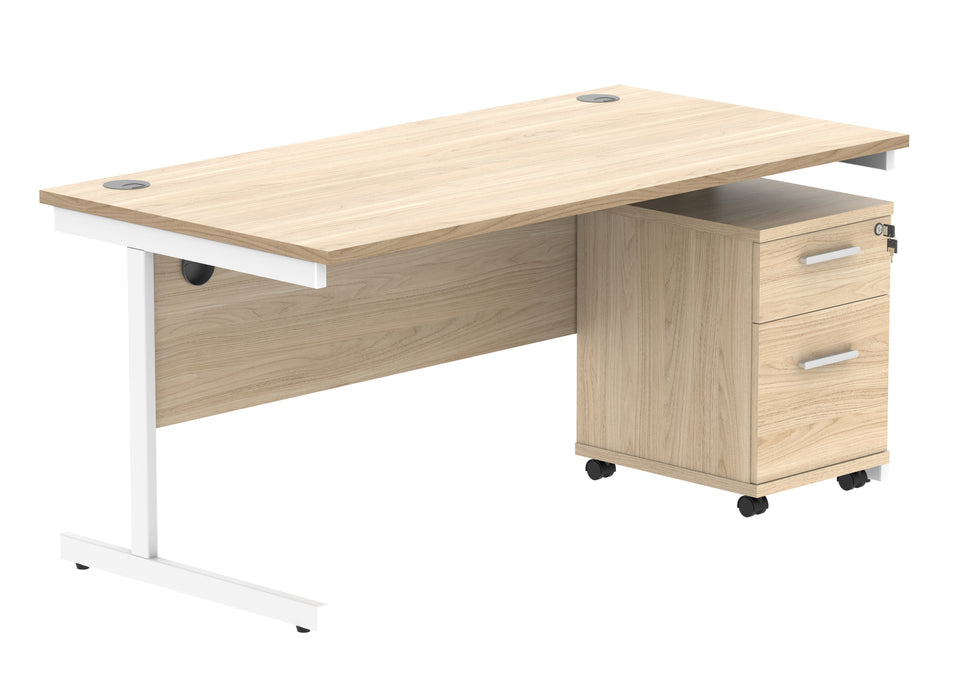 Single Upright Rectangular Desk + 2 Drawer Mobile Under Desk Pedestal | 1600X800 | Canadian Oak/White