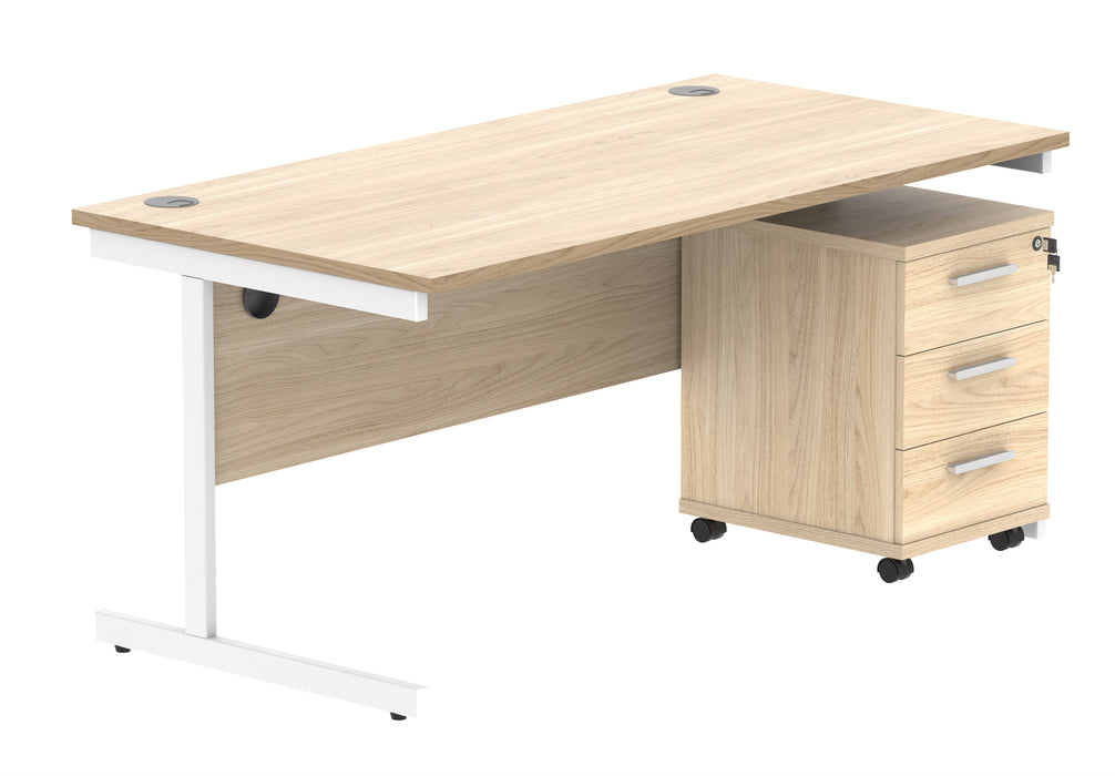 Single Upright Rectangular Desk + 3 Drawer Mobile Under Desk Pedestal | 1600X800 | Canadian Oak/White